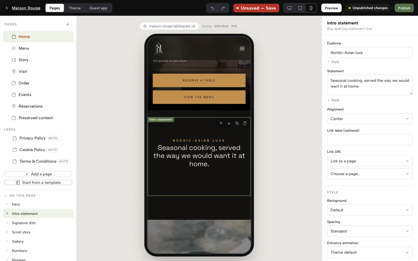 The mobile preview of a restaurant home page inside the TableSpark builder