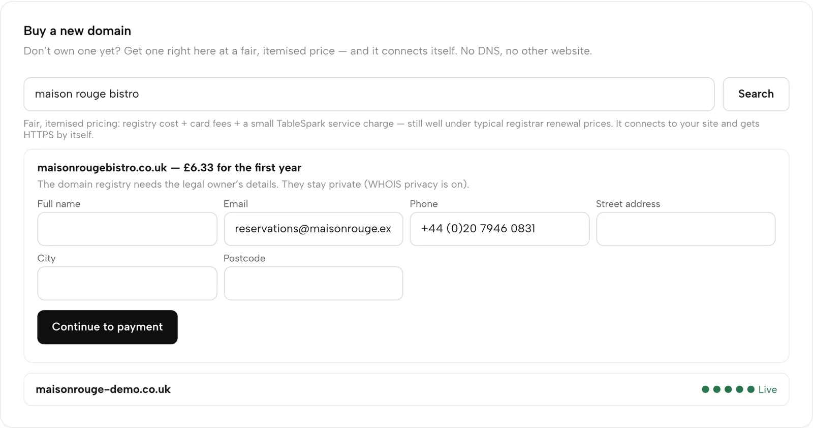 The domain owner form in TableSpark Settings, and a domain bought inside TableSpark showing its live setup progress