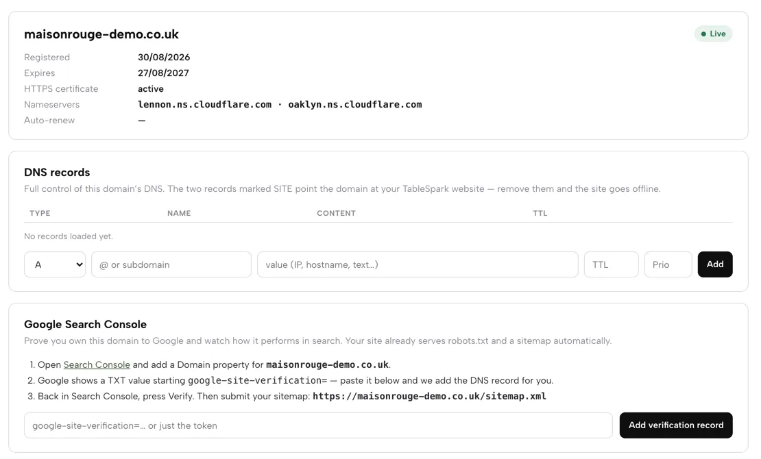 The Domain page with live domain status and HTTPS active, DNS records, and the Google Search Console card with three steps and the sitemap address