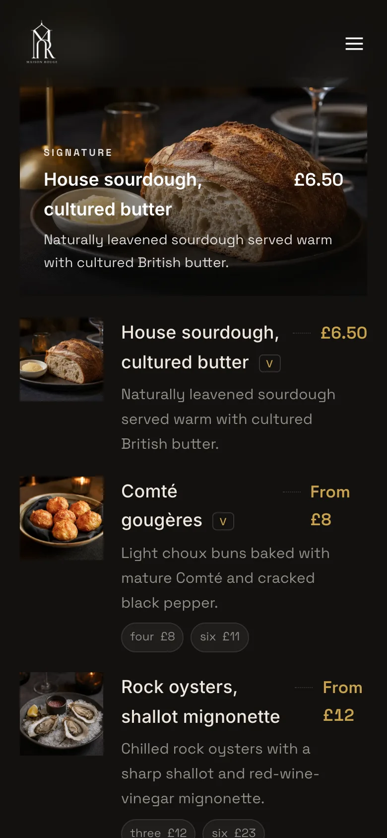 A restaurant's live menu on a phone with a dietary key, a section heading, a featured dish with photo and price, then dish rows