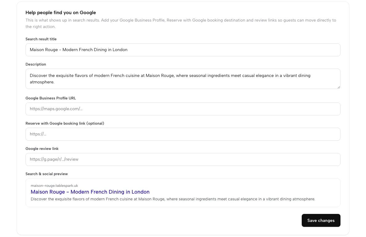 Settings, SEO with the search result title, description, Google profile and review links and a live search preview