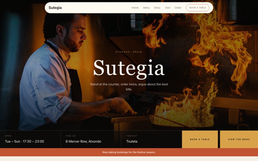 Sutegia — a Basque live-fire grill restaurant website template