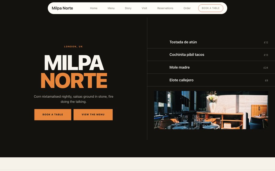 Milpa Norte restaurant website template preview