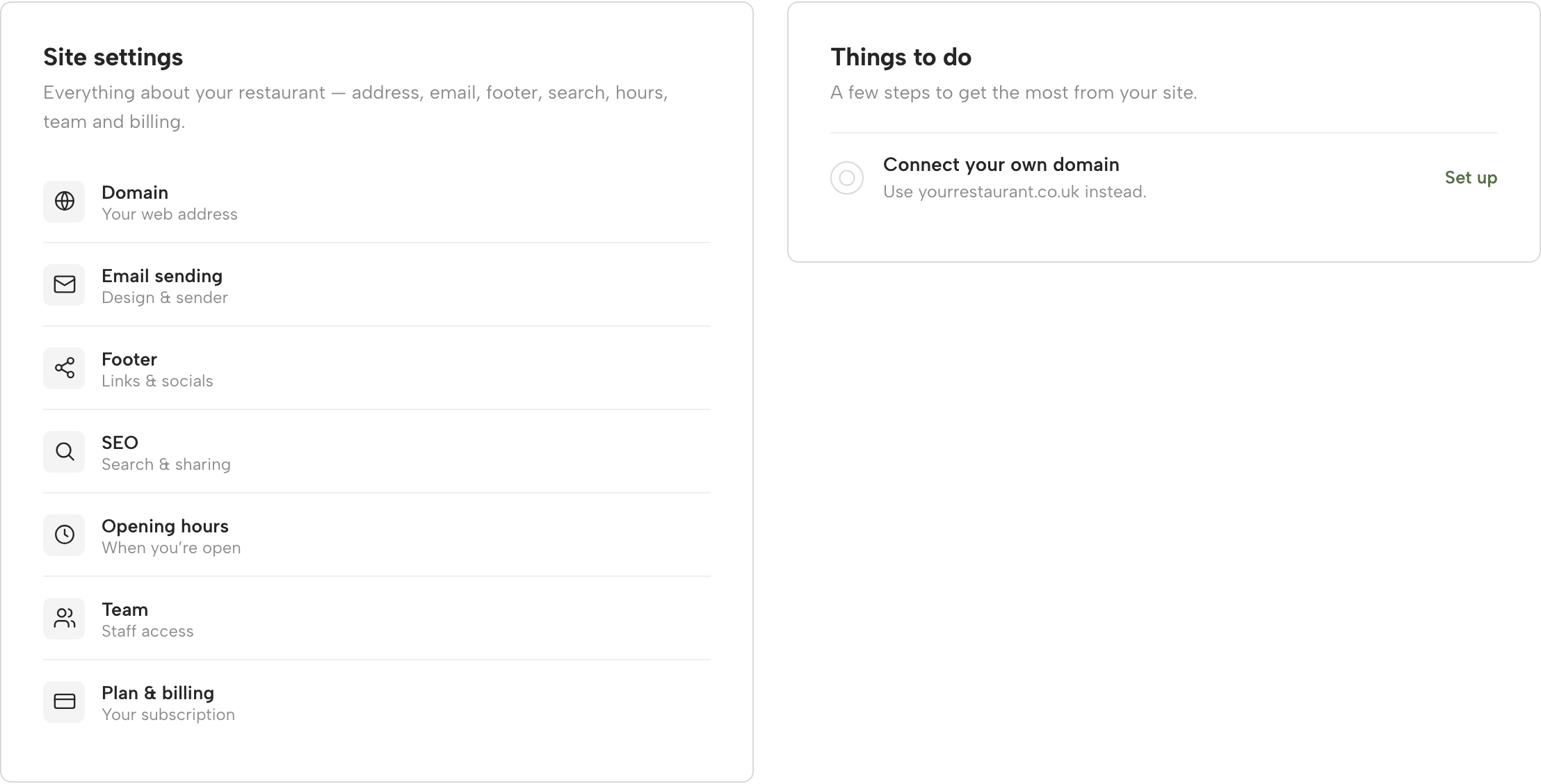 Site settings quick-link grid — Domain, Email sending, Footer, SEO, Opening hours, Team, Plan & billing — next to a Things to do panel showing Connect your own domain with a Set up link