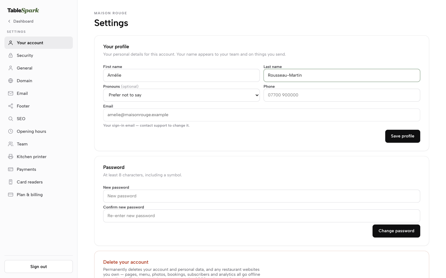 Practice screen: Settings &rarr; Your account with the Last name field edited and a Save profile button