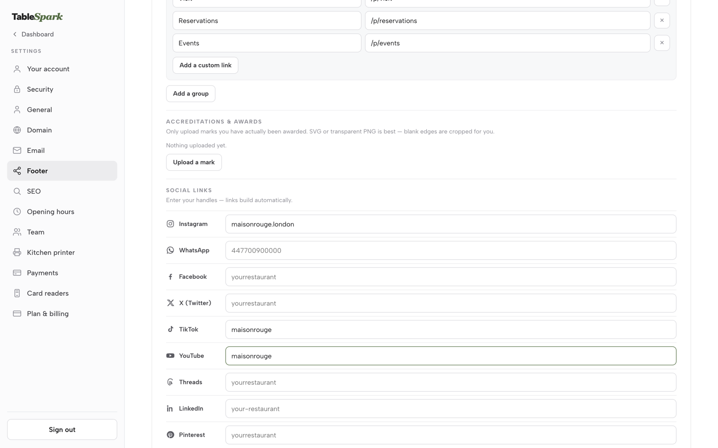 Practice screen: Settings &rarr; Footer with the Social links list and an Instagram handle typed in