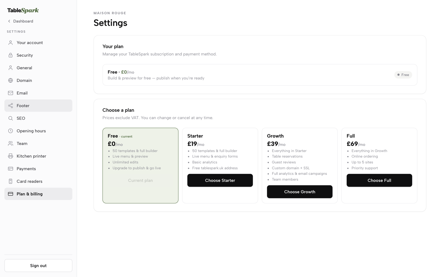 Practice screen: Settings &rarr; Plan & billing with the Choose a plan grid and its Choose buttons
