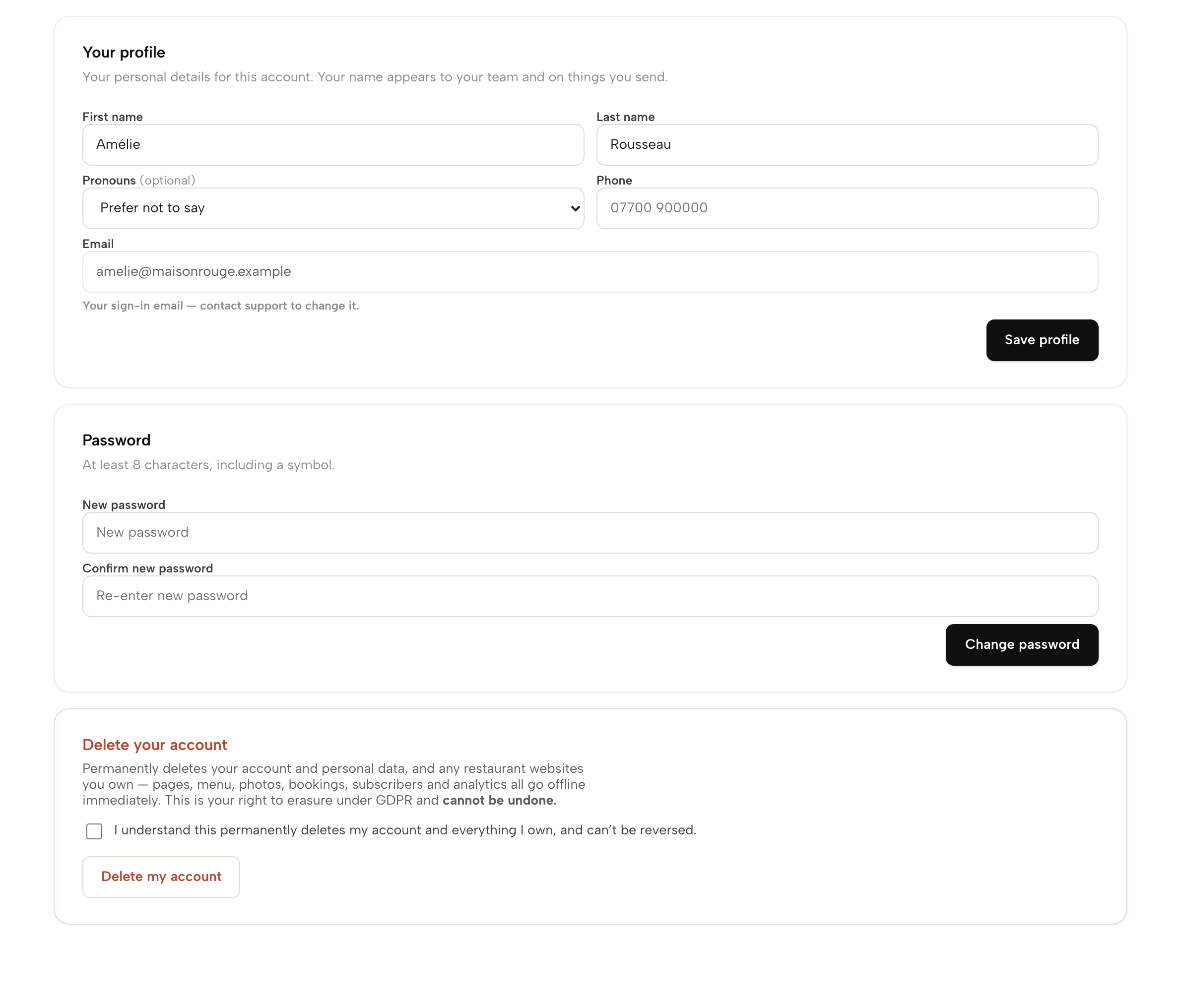 Settings → Your account: the Your profile card with first name, last name, pronouns and phone (email shown but locked), the Password card, and the red-bordered Delete your account card with a confirmation checkbox