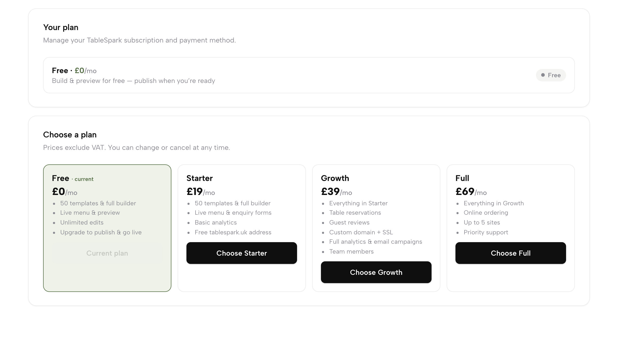 Settings → Plan & billing: the current plan card showing Free at £0/mo, and a four-card plan grid comparing Free, Starter £19, Growth £39 and Full £69 with their features and Choose buttons