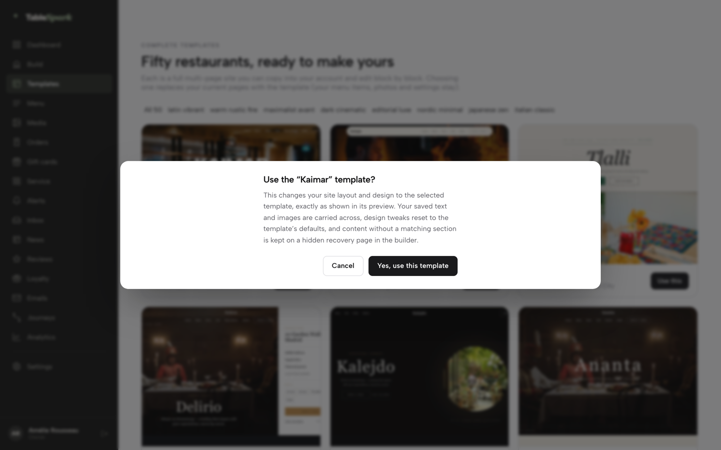 The TableSpark confirmation asking Use the template, with Cancel and Yes, use this template buttons