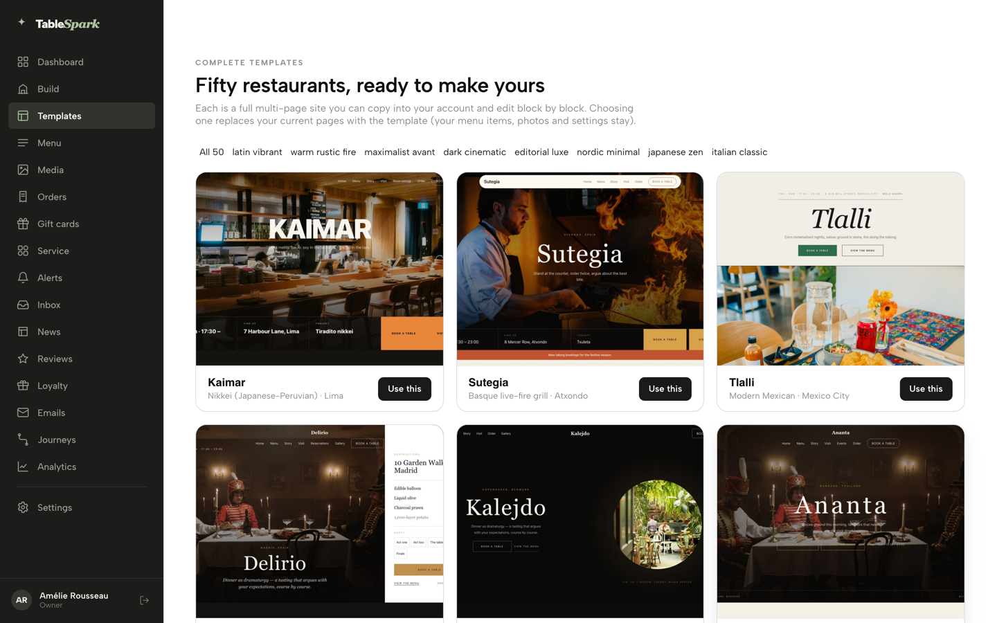 The sidebar with Menu, back on the Templates gallery