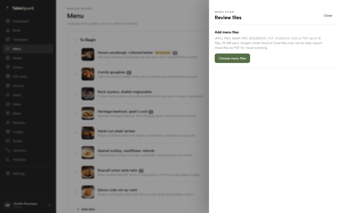 The Review files panel with Choose menu files
