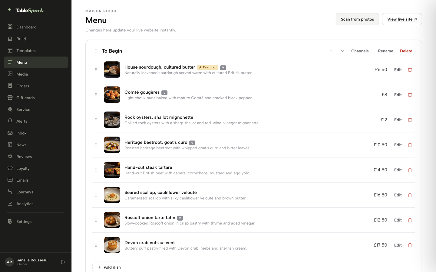 The Menu page with Build in the sidebar