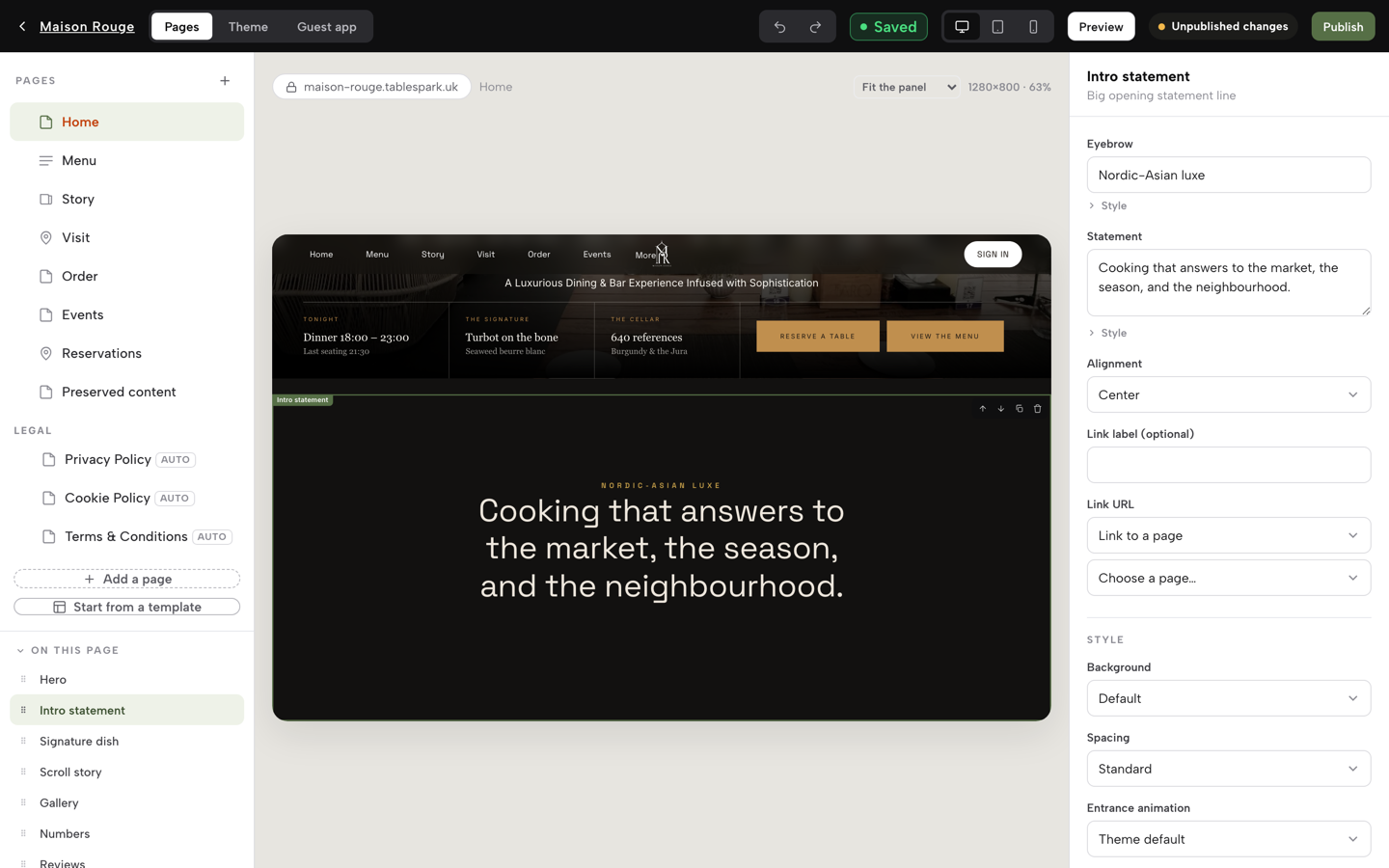 The TableSpark Builder's Intro statement inspector with the Statement field open beside the page preview