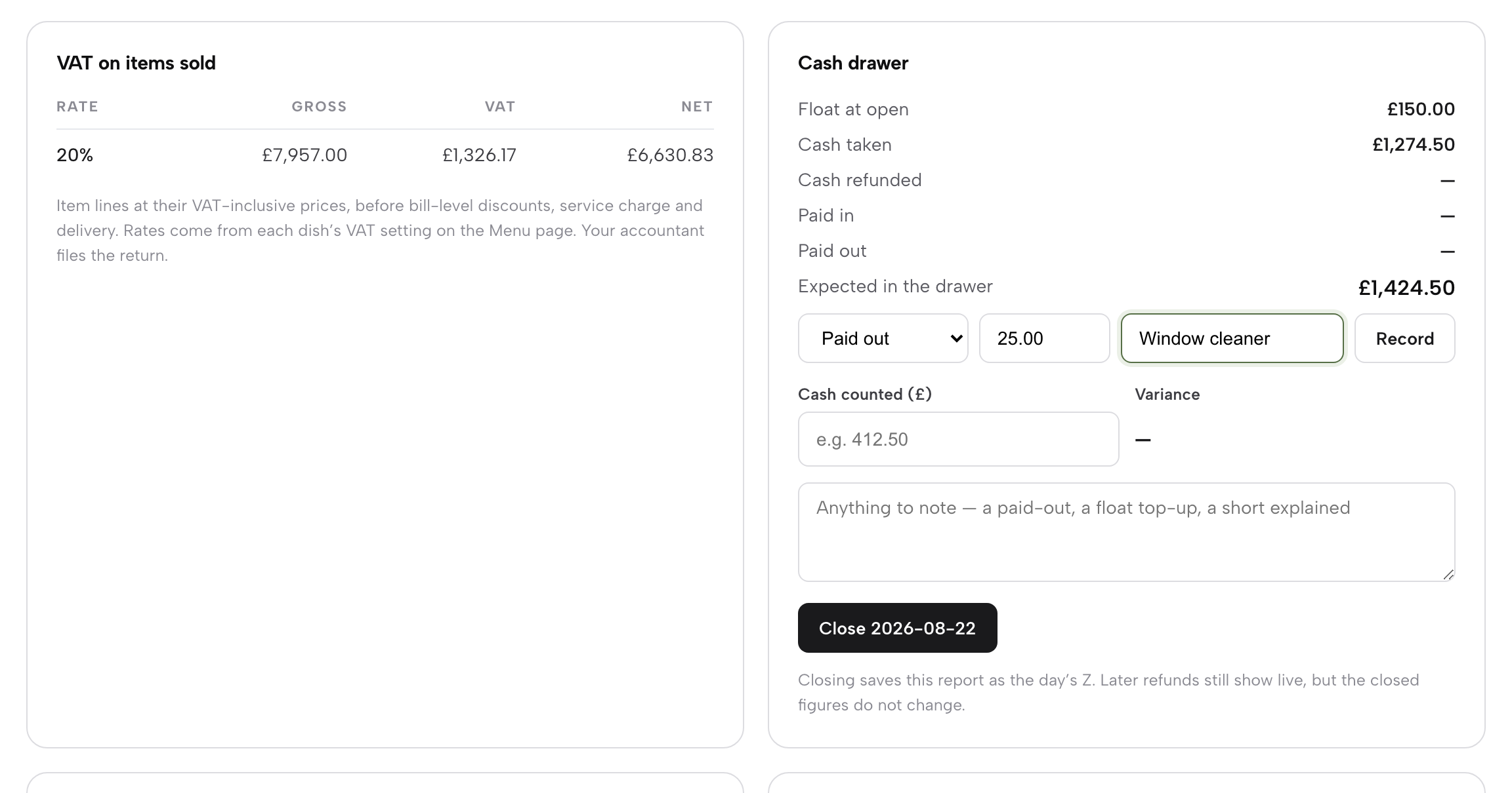 The cash drawer panel with a paid out typed in the form below the expected cash