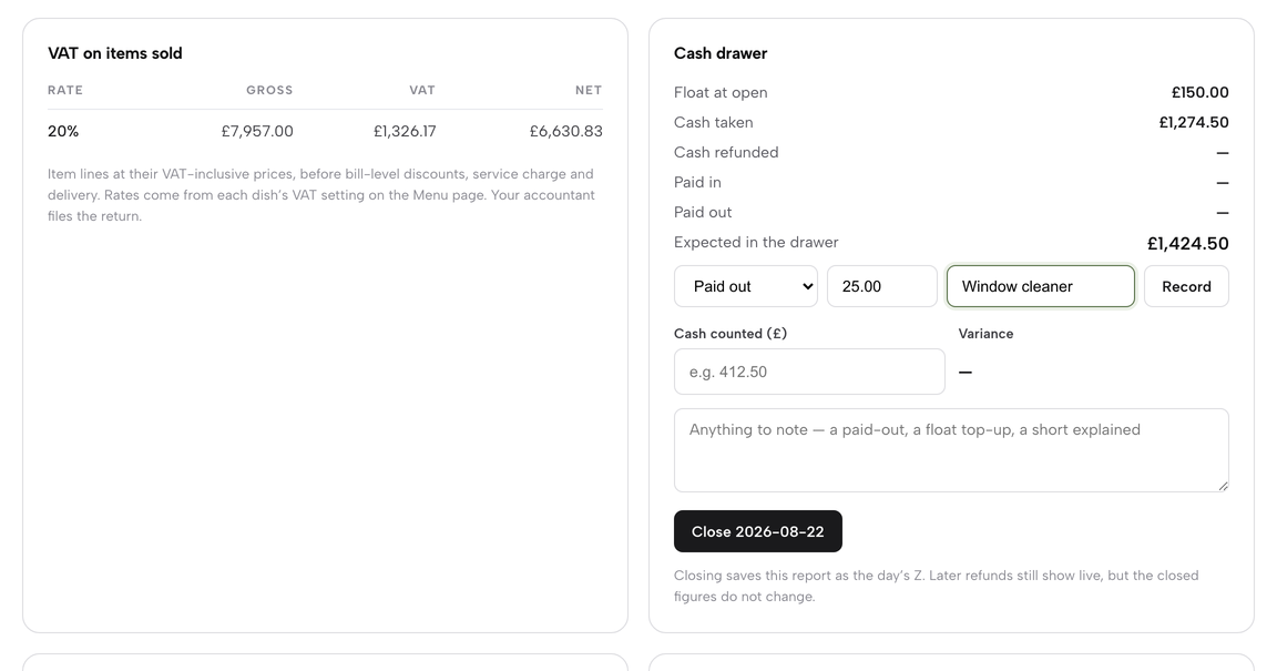 The cash drawer with a paid out of 25.00 for the window cleaner typed, ready to record