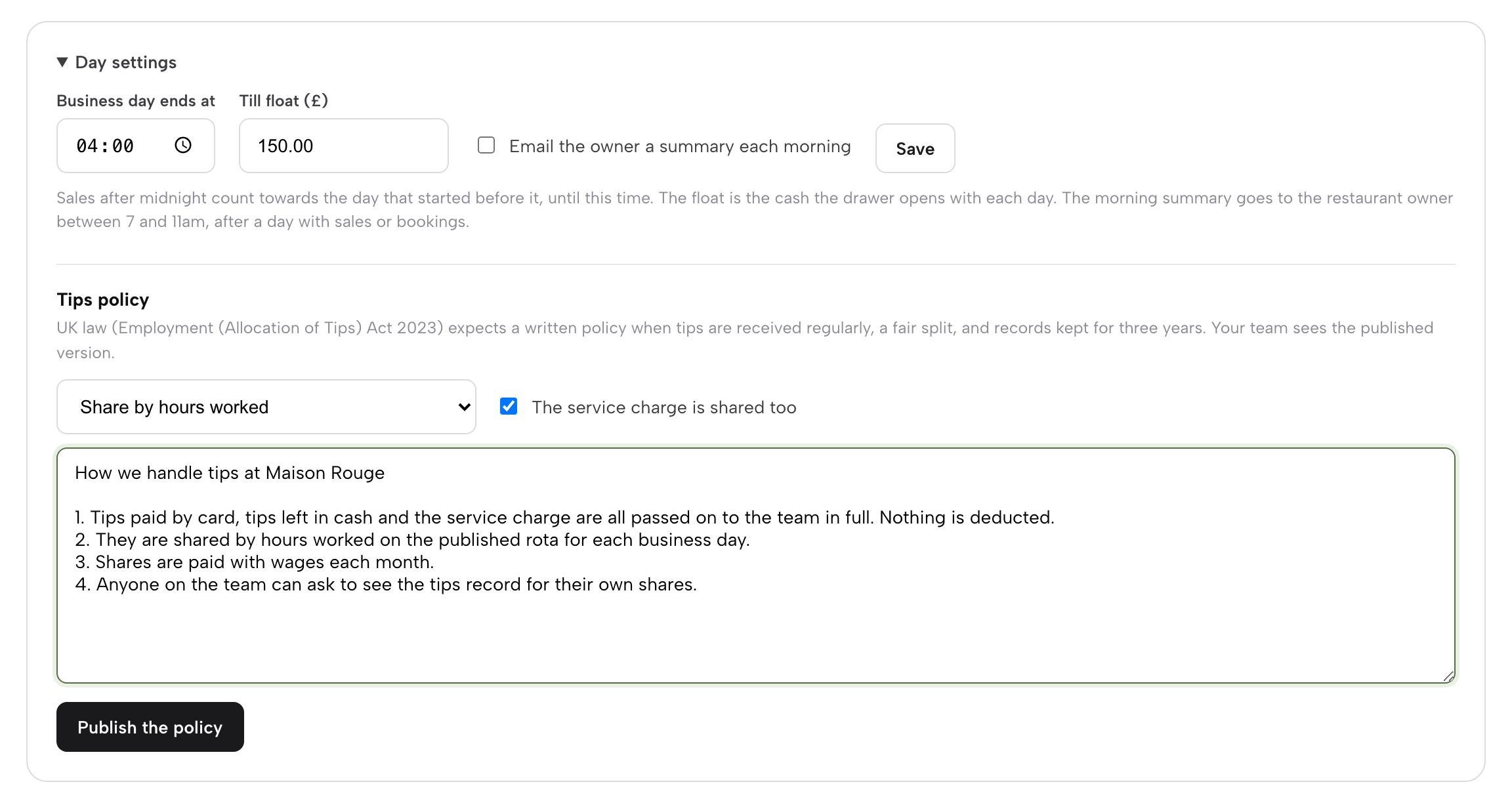 The tips policy editor with the wording filled in and the Publish the policy button