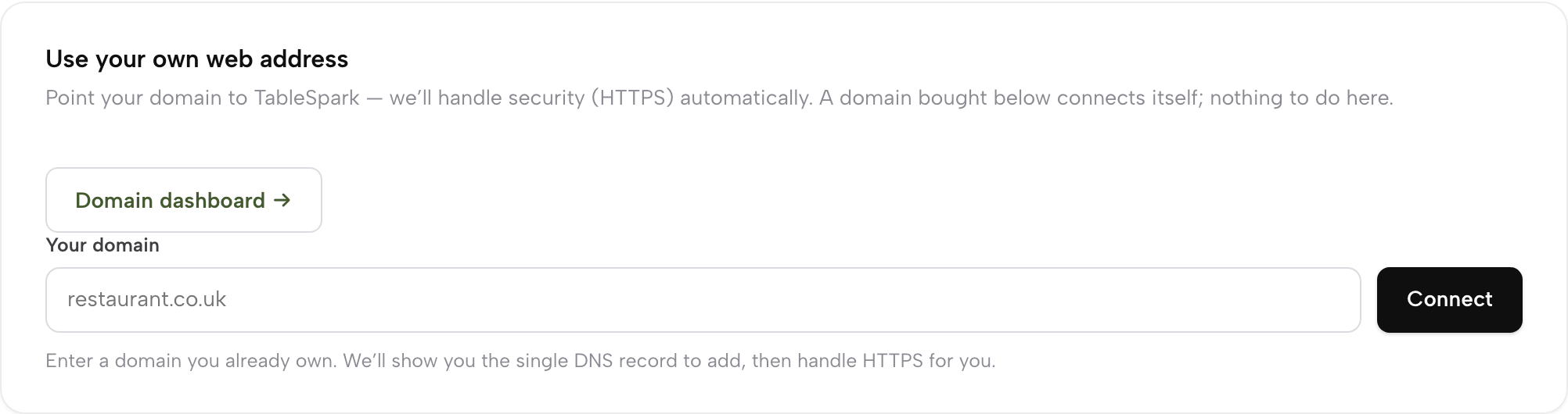 The connect-your-own-domain card in Settings, with the single DNS record shown after pressing Connect