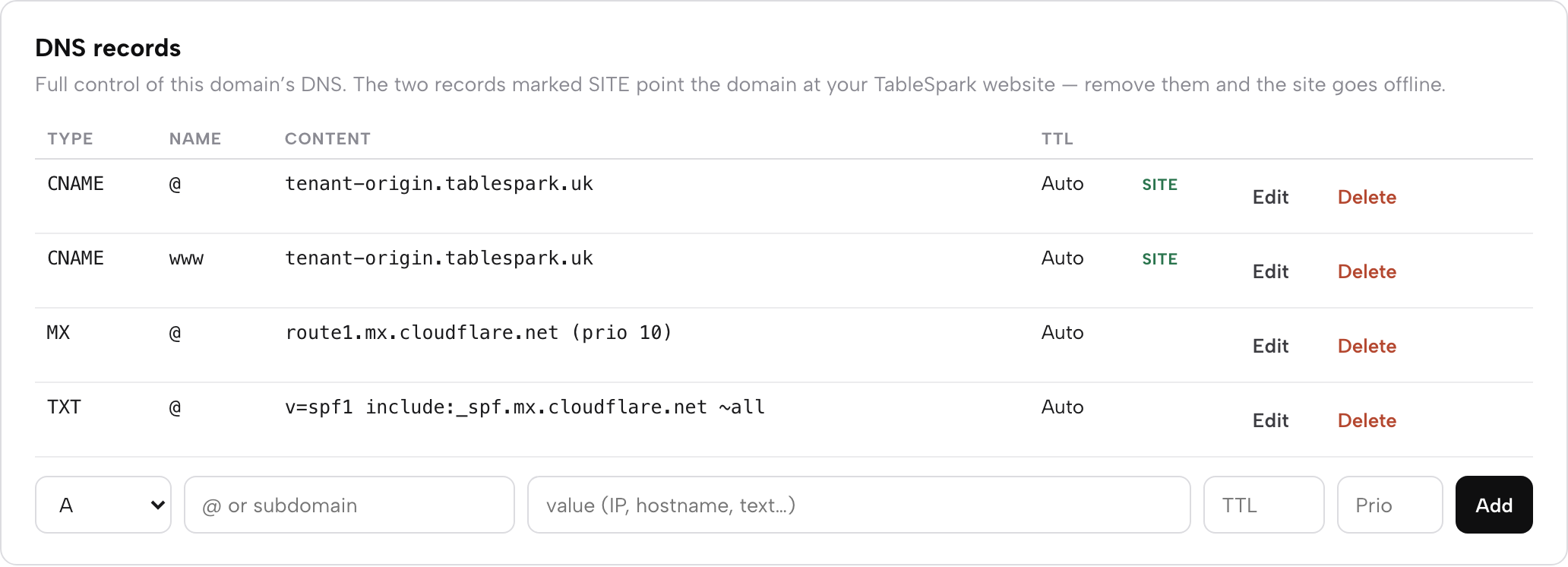 The DNS records table with site-critical records labelled SITE and an add-record row