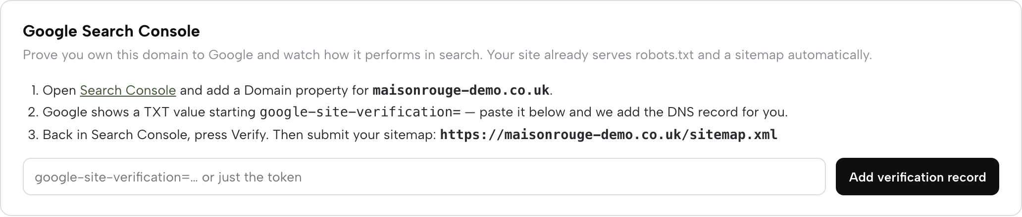 The Google Search Console card: three steps and a paste box that writes the verification record for you