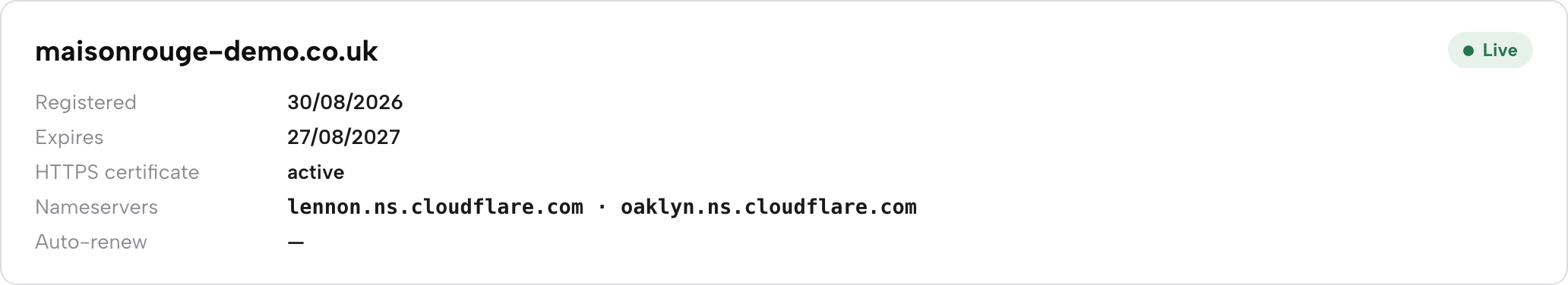 The domain overview card: live status, registration and expiry dates, HTTPS certificate, nameservers