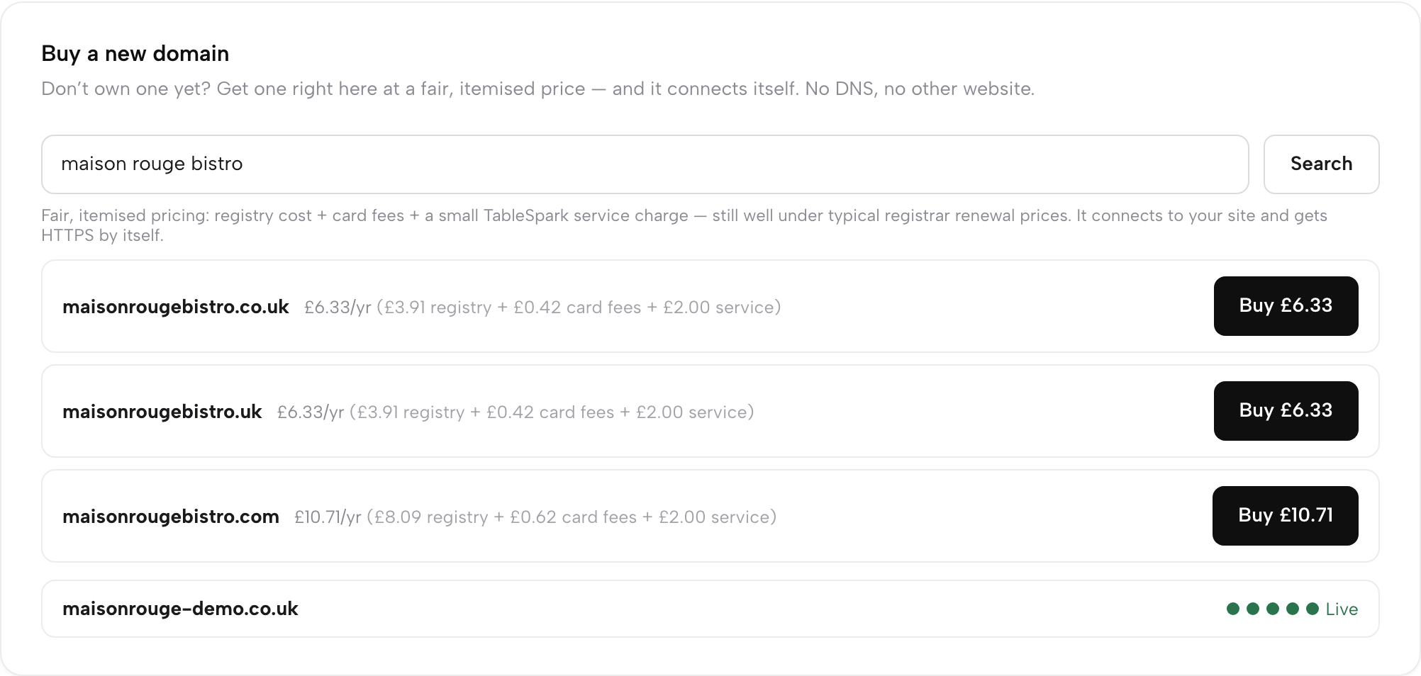 Searching for a domain inside TableSpark Settings, with itemised prices per ending