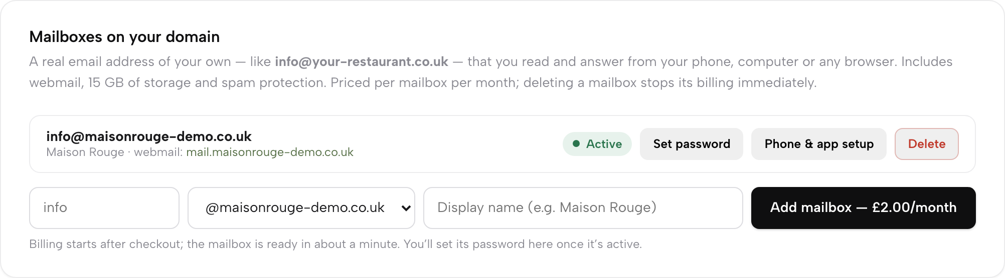 The Mailboxes on your domain card: address, domain, display name, Add mailbox