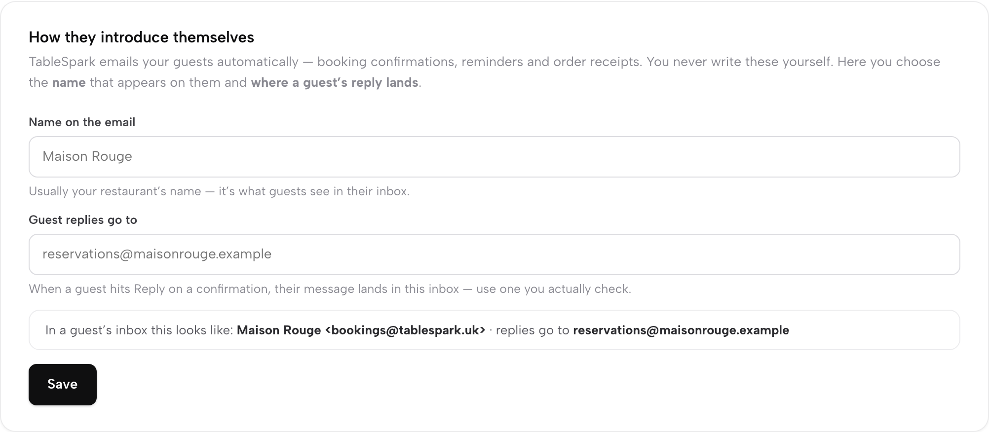 Choosing the sender name and reply-to address for automatic guest emails, with a live preview line