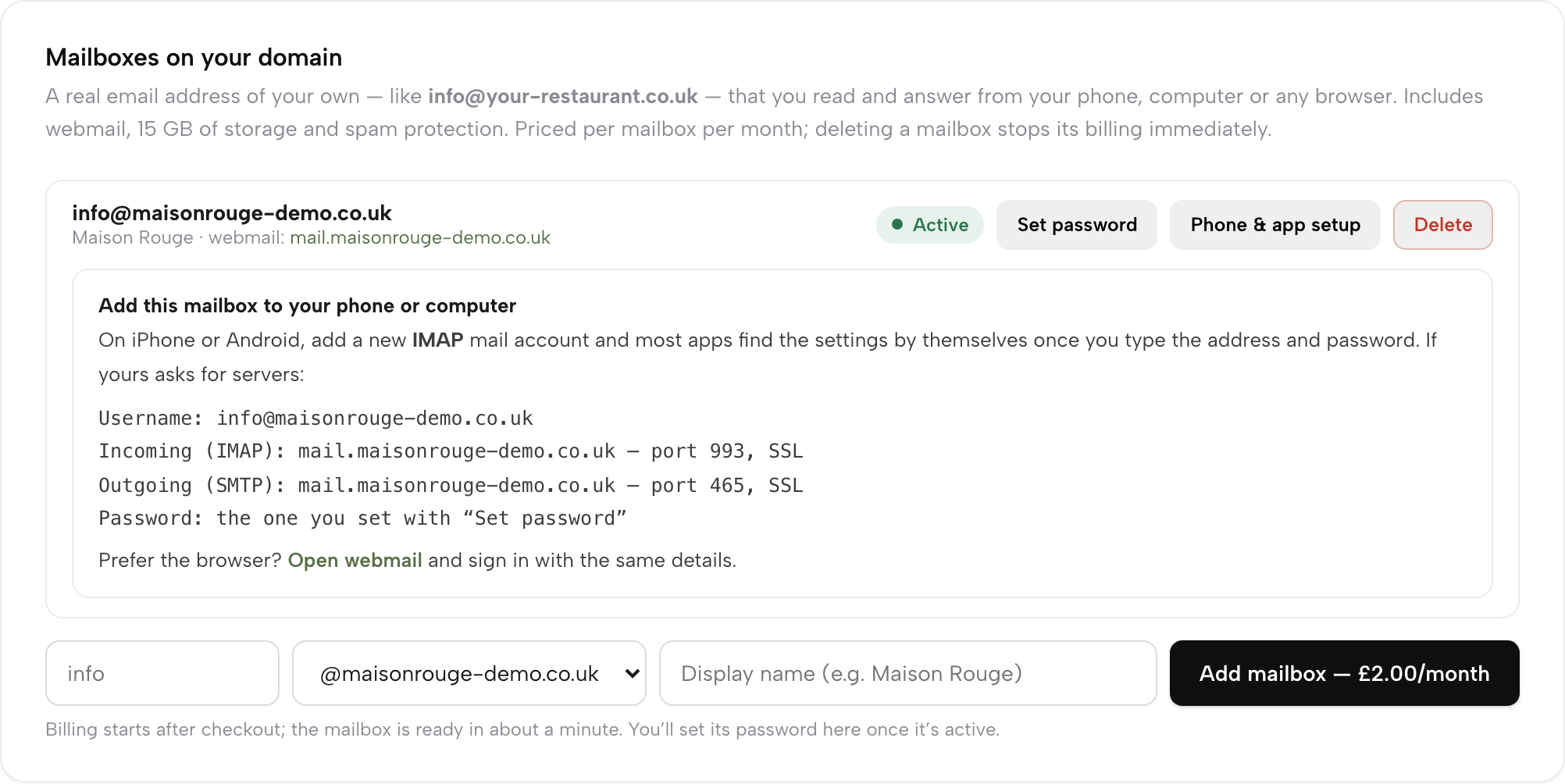 An active mailbox with the Phone and app setup panel open, listing the IMAP and SMTP settings to copy