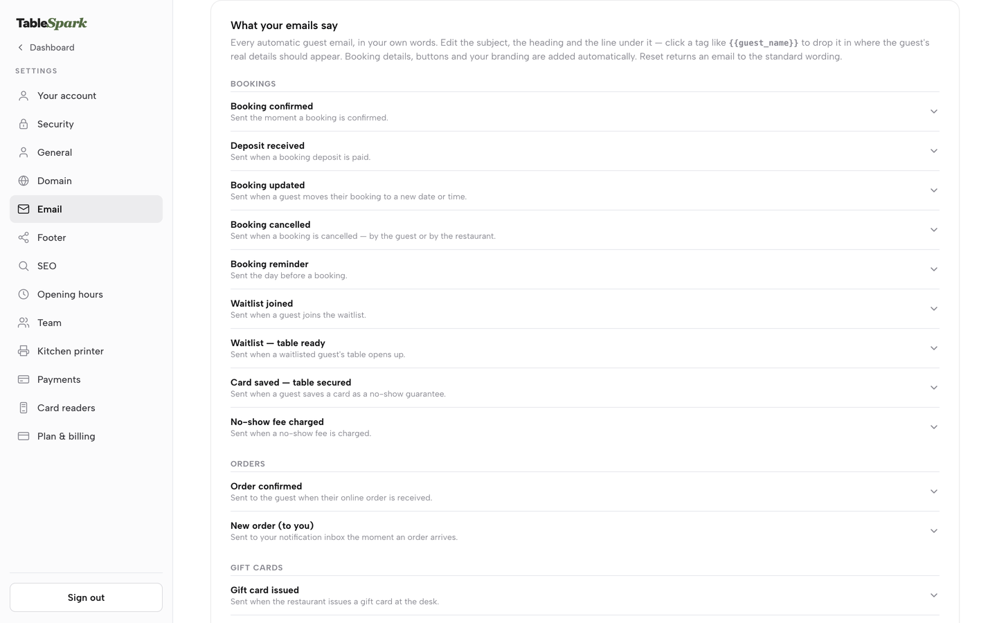 The Settings email page listing the automatic guest emails grouped by bookings, orders and gift cards