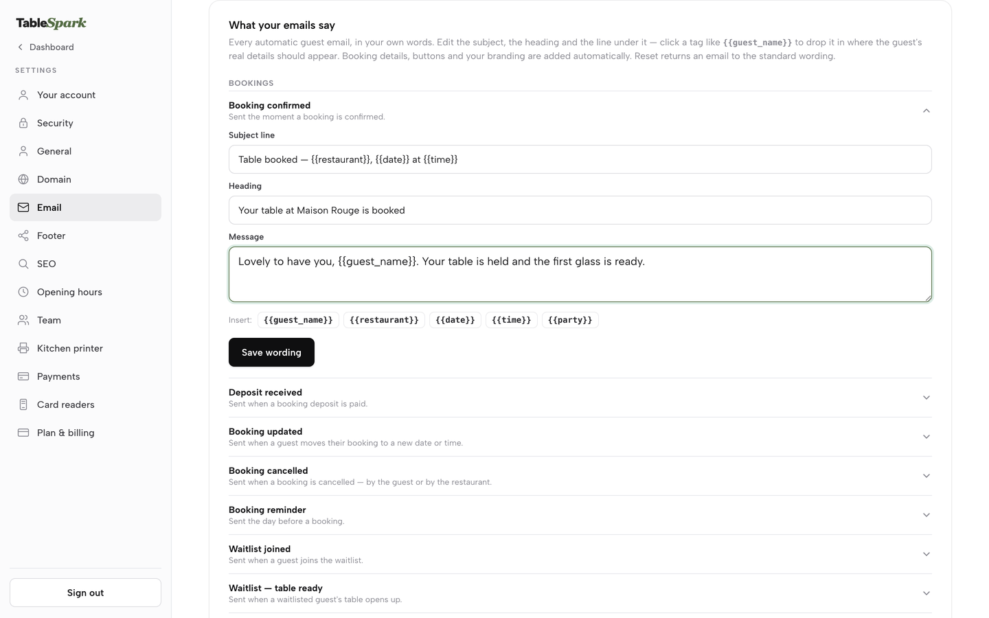 The Booking confirmed email expanded in Settings Email, with a new heading and message typed in so the cancellation policy can be added