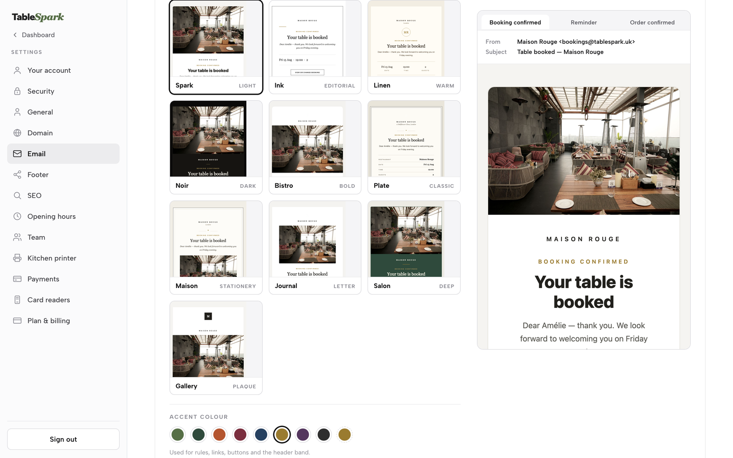 Email design: the template gallery with Spark selected, before Noir is clicked