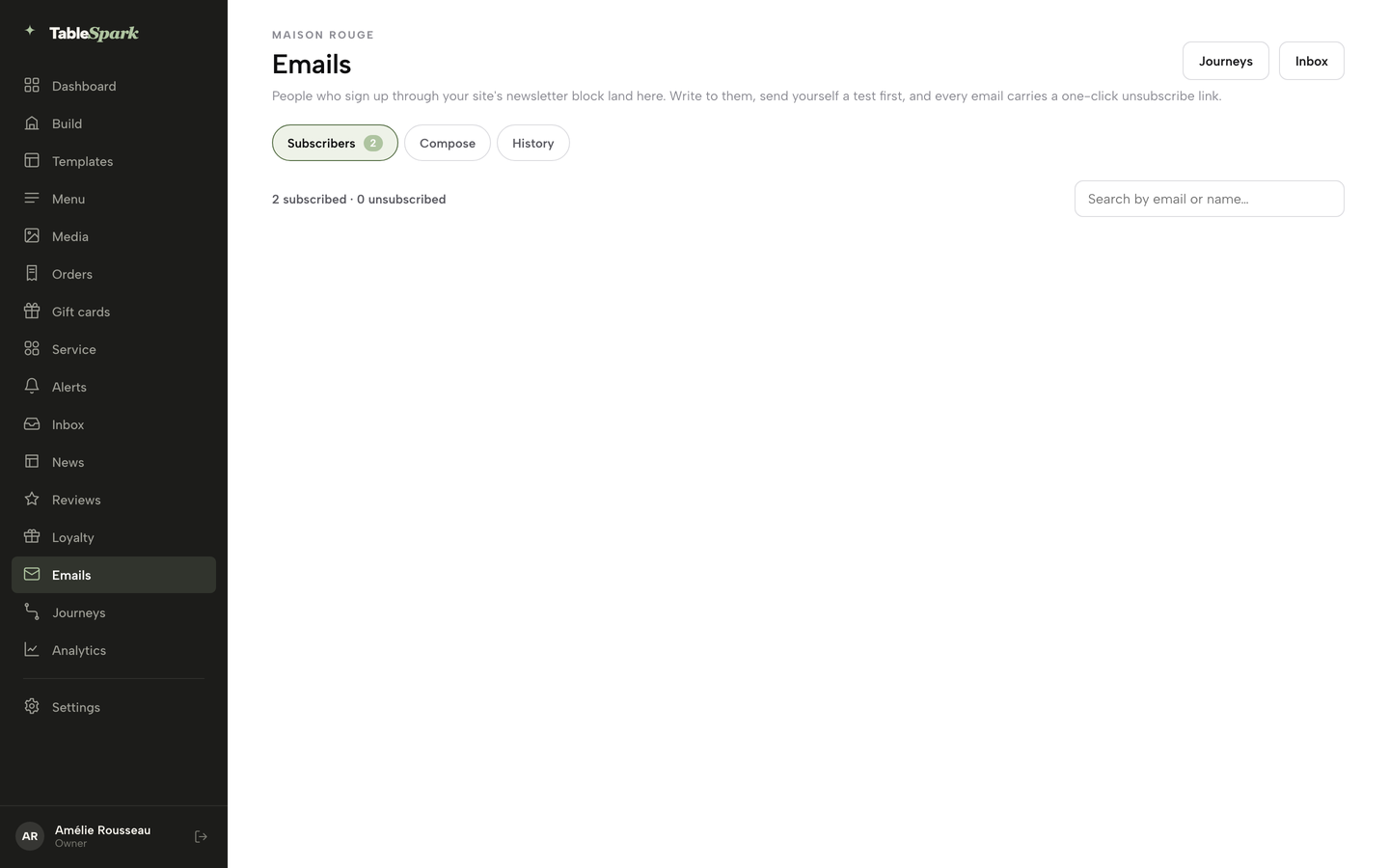 The Emails page on Subscribers, listing guests who joined the mailing list before Compose is clicked