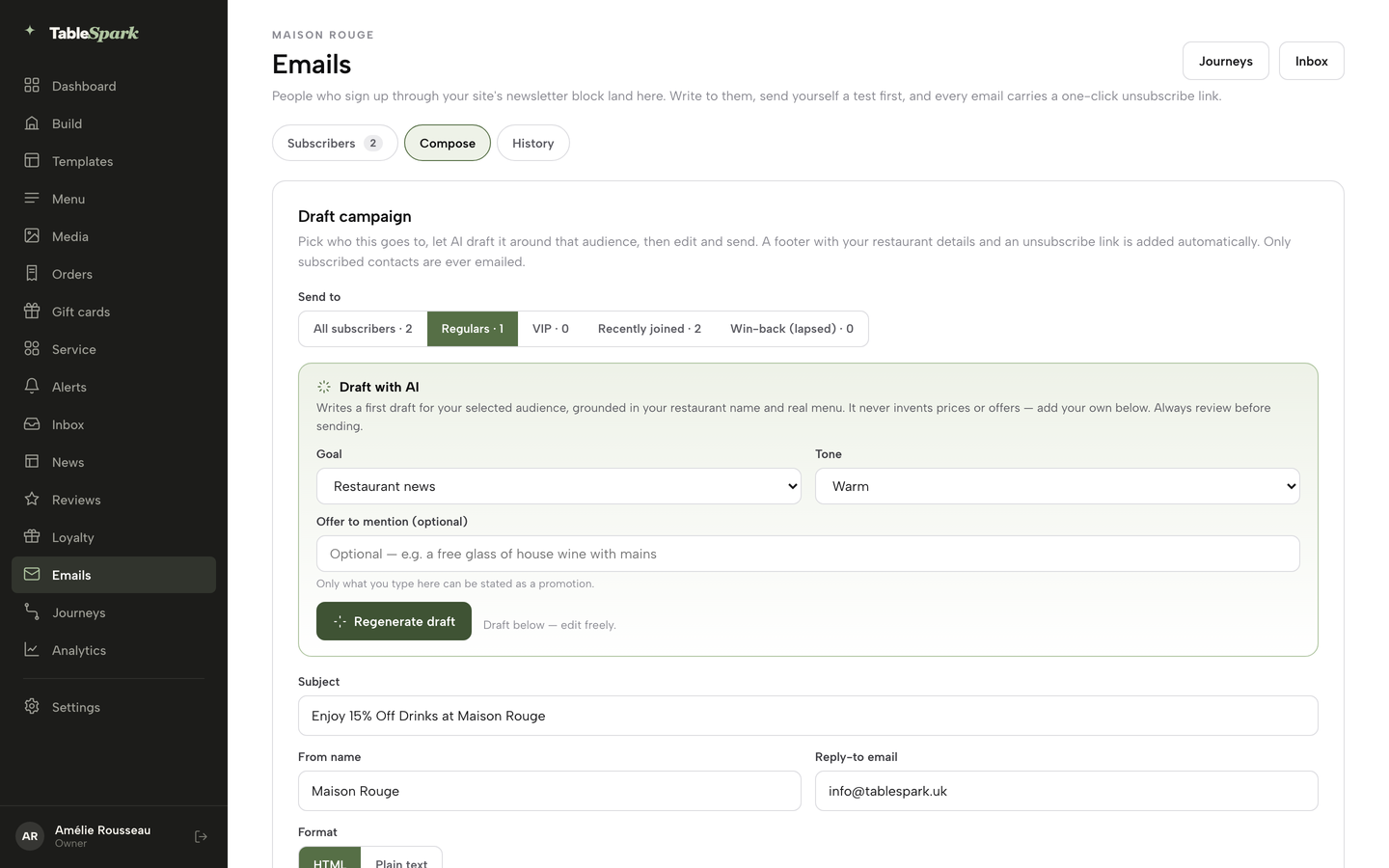 The Draft with AI panel with Goal, Tone and offer fields before Generate draft is pressed