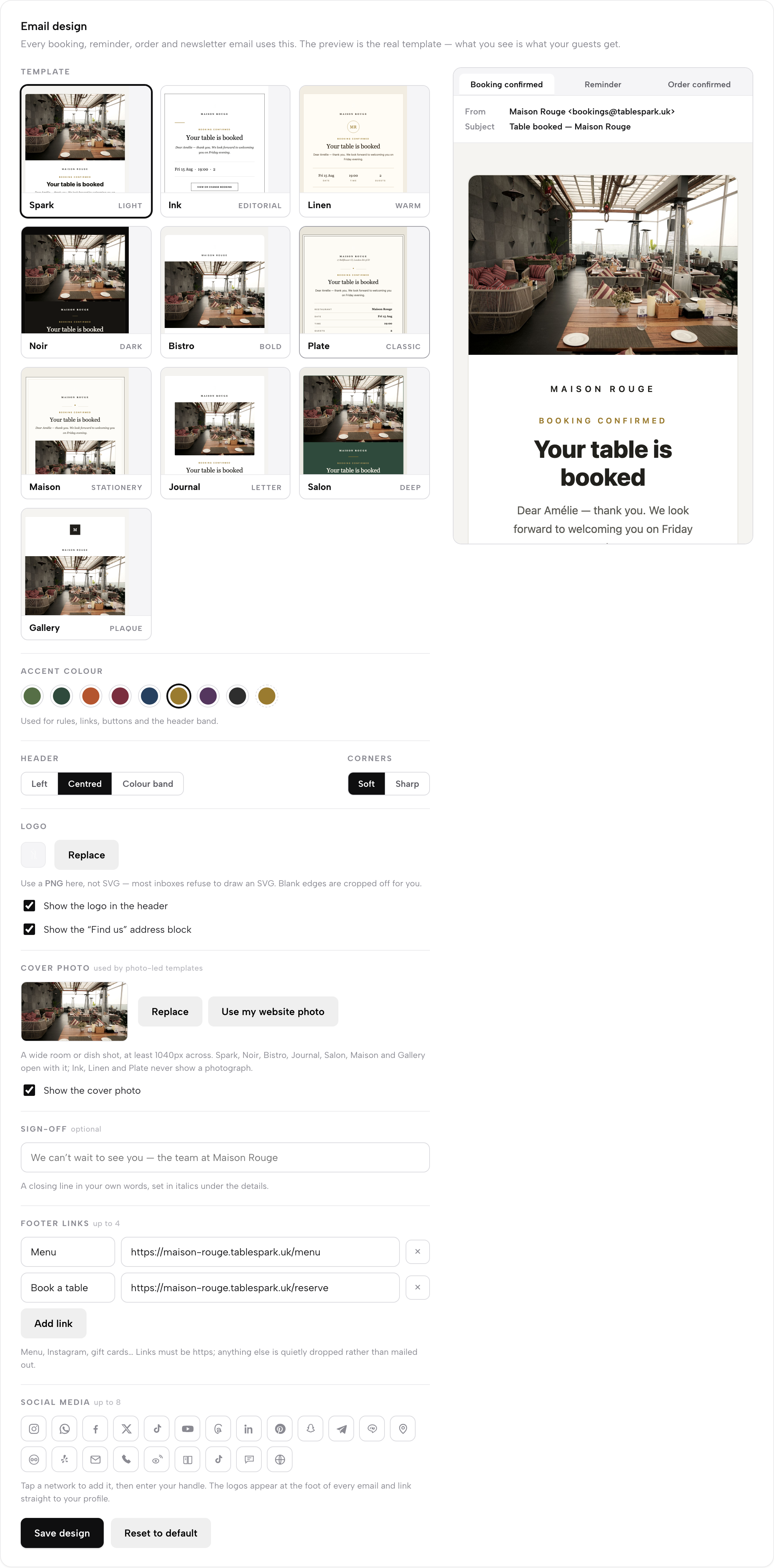 The Email design card: a ten-template gallery, accent colour swatches, header and corner options, logo and cover-photo uploaders, sign-off, footer links and social media, next to a live preview of the Booking confirmed email