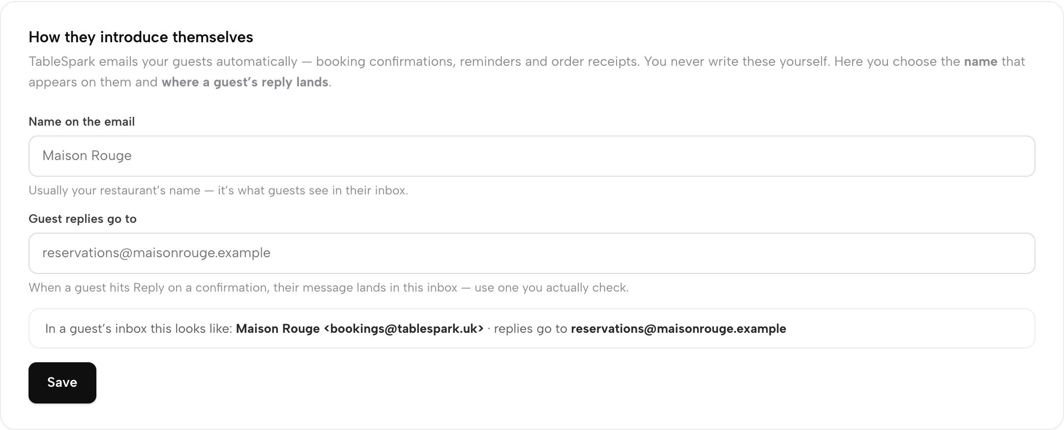 The How they introduce themselves card: Name on the email set to Maison Rouge, Guest replies go to reservations at maisonrouge dot example, and a live preview line