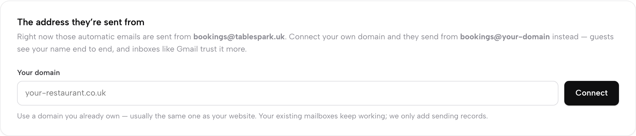 The address they're sent from card: current sending address bookings@tablespark.uk, a Your domain field and Connect button