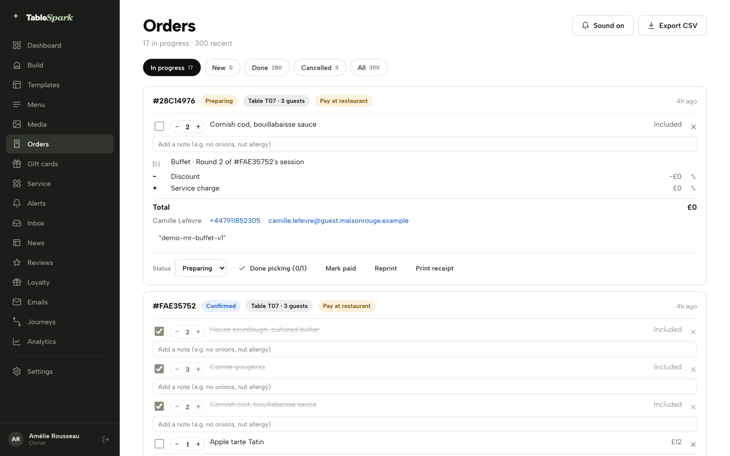 The Orders screen In progress tab with the Done tab beside it, before it is clicked