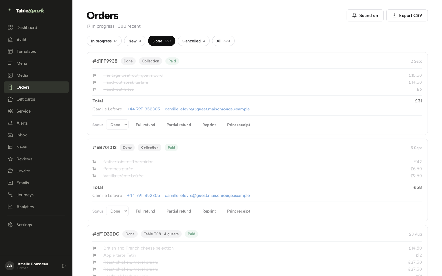 A paid order on the Done tab with its Full refund and Partial refund buttons, before they are clicked