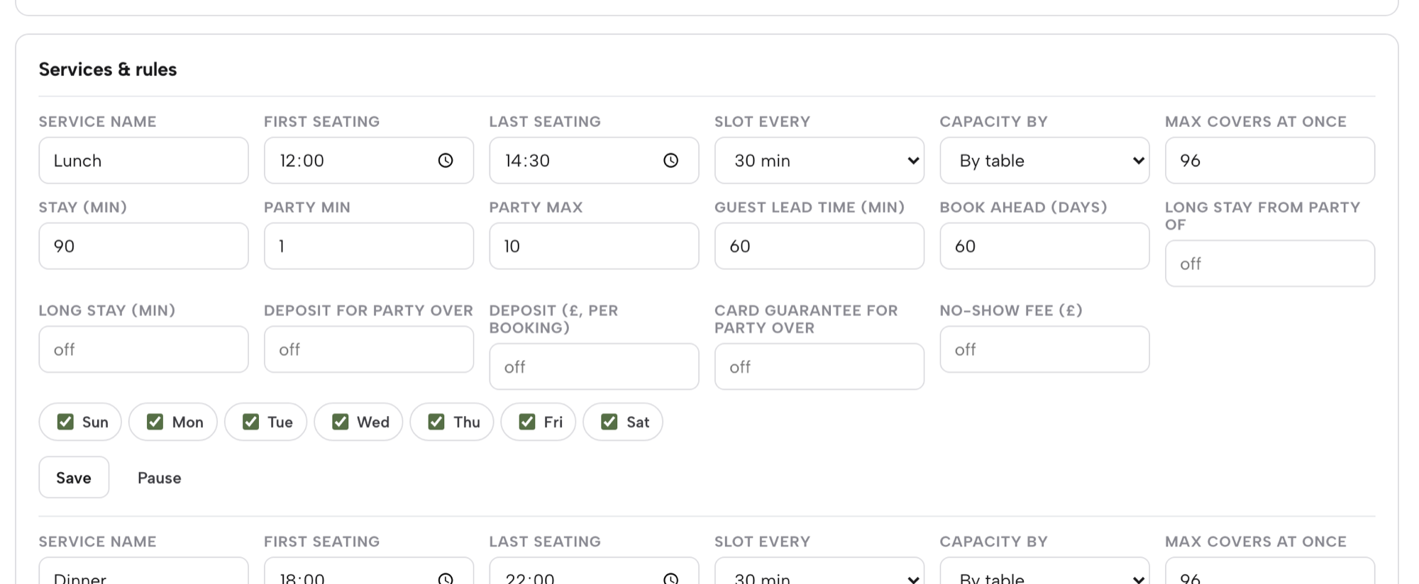 The Services and rules panel showing the Deposit for party over, Deposit per booking, Card guarantee for party over and No-show fee fields