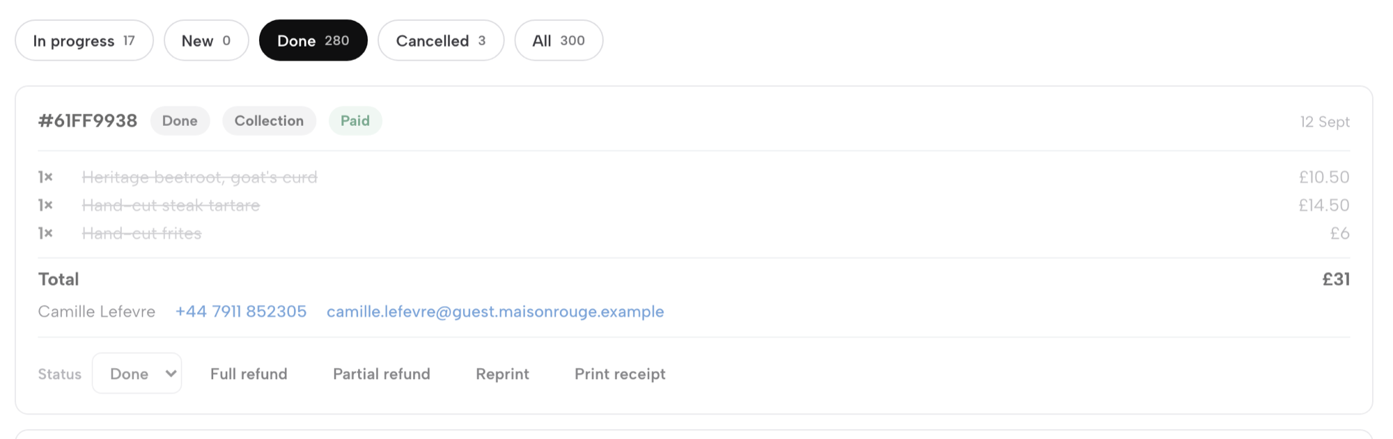The Orders screen Done tab: a paid collection order with the Full refund and Partial refund buttons beside its Status menu