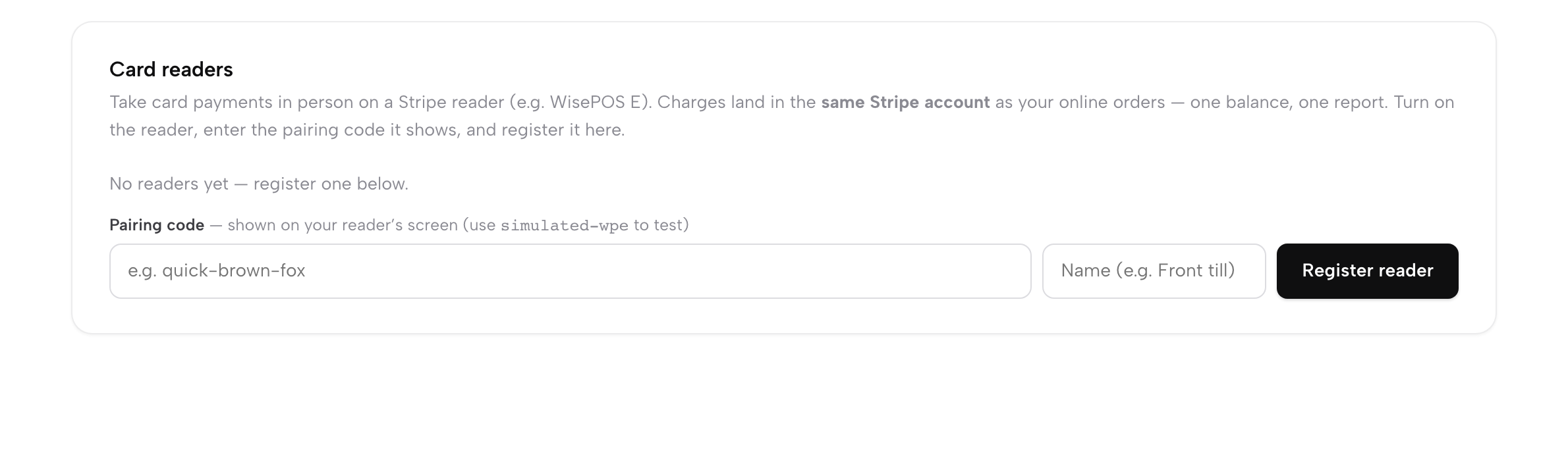 The Settings → Card readers panel: intro copy, 'No readers yet — register one below.', and the Pairing code / Name / Register reader form