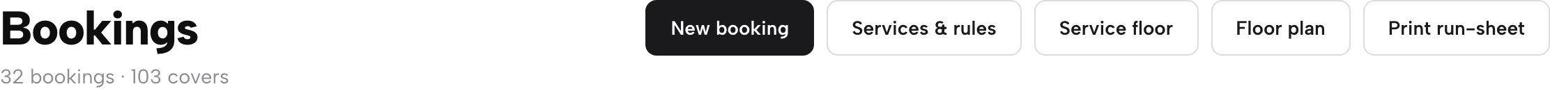 The Bookings page toolbar with New booking, Services and rules, Service floor, Floor plan and Print run-sheet buttons