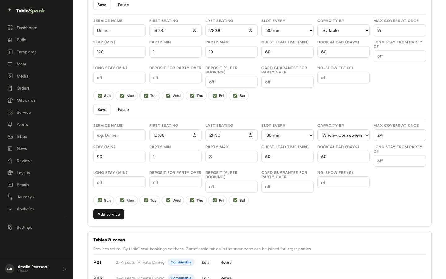 The Bookings page toolbar with Services and rules next to New booking