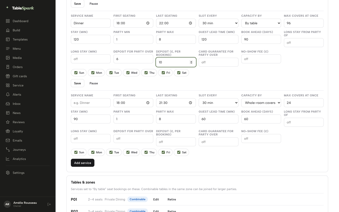A service row with a threshold and a deposit amount set, and its Save button