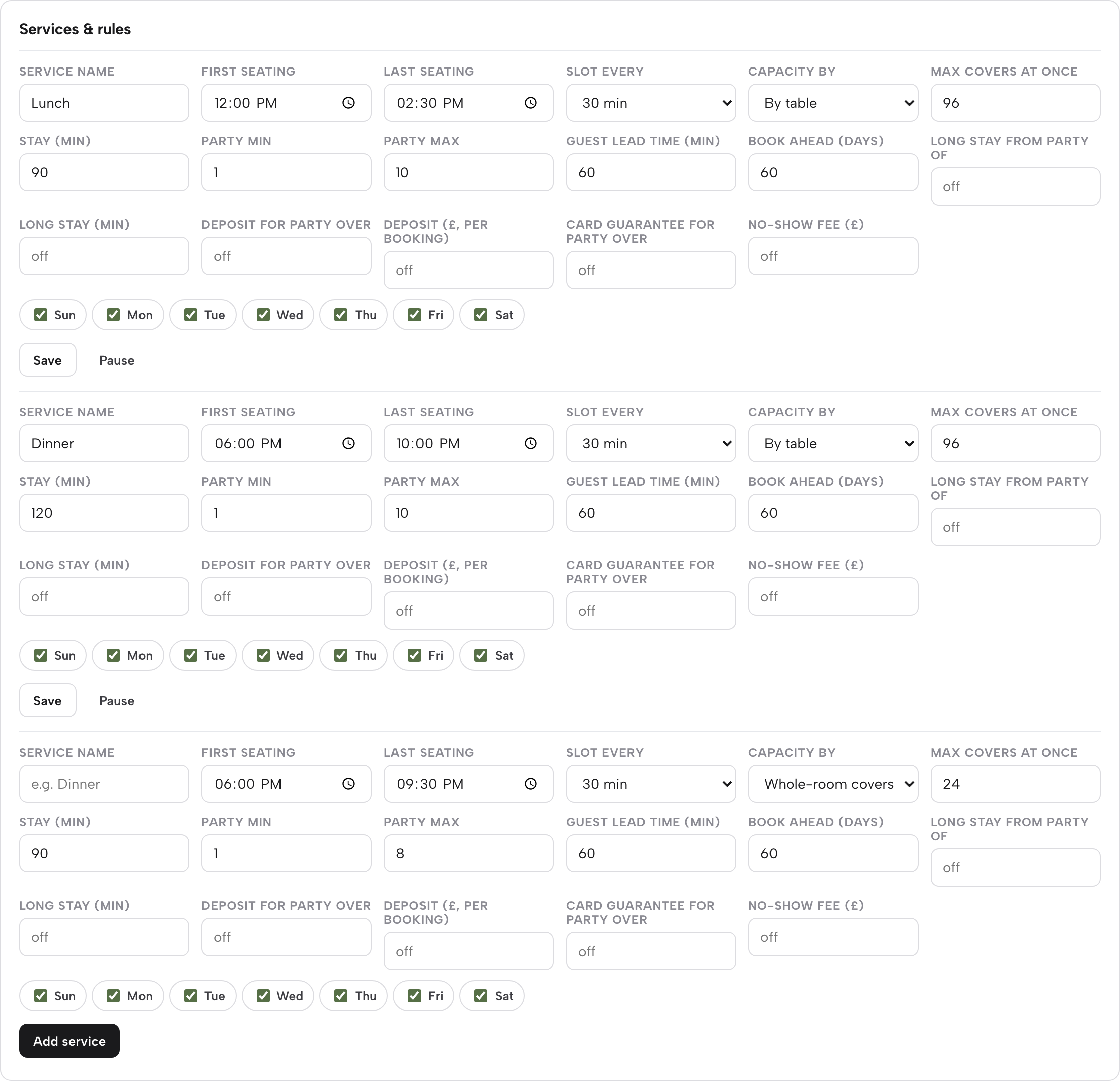The Services and rules panel on the Bookings page, showing real Lunch and Dinner services with seating windows, slot length, capacity, party size, lead time, book-ahead, long stay, deposit and card-guarantee fields, plus a blank row to add a new service