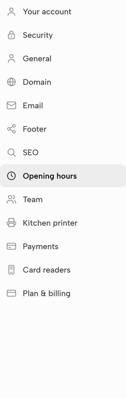 The Settings sidebar with Opening hours highlighted as the active section
