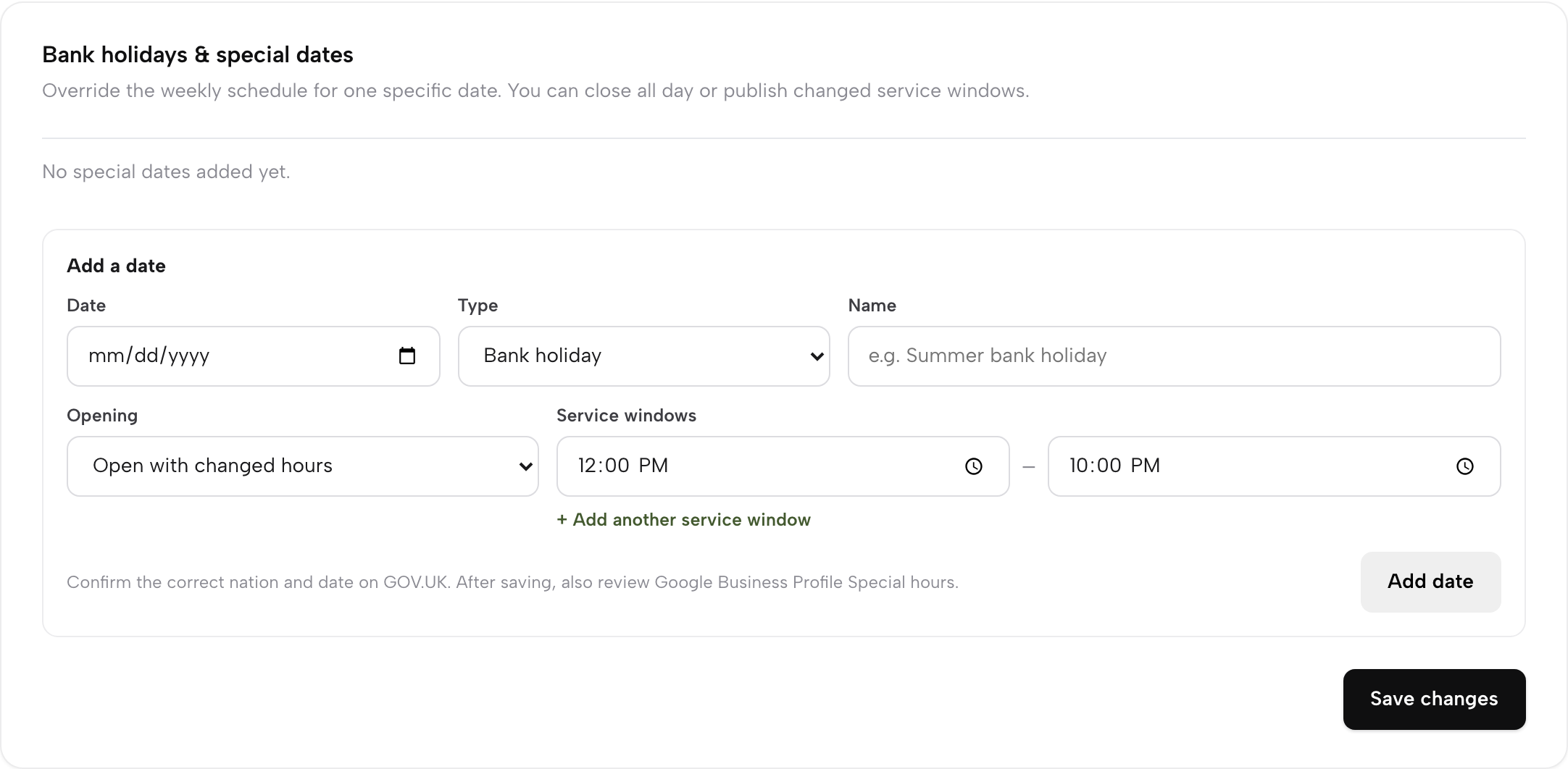 The Bank holidays and special dates card in Settings, with an existing-dates list and the Add a date form open