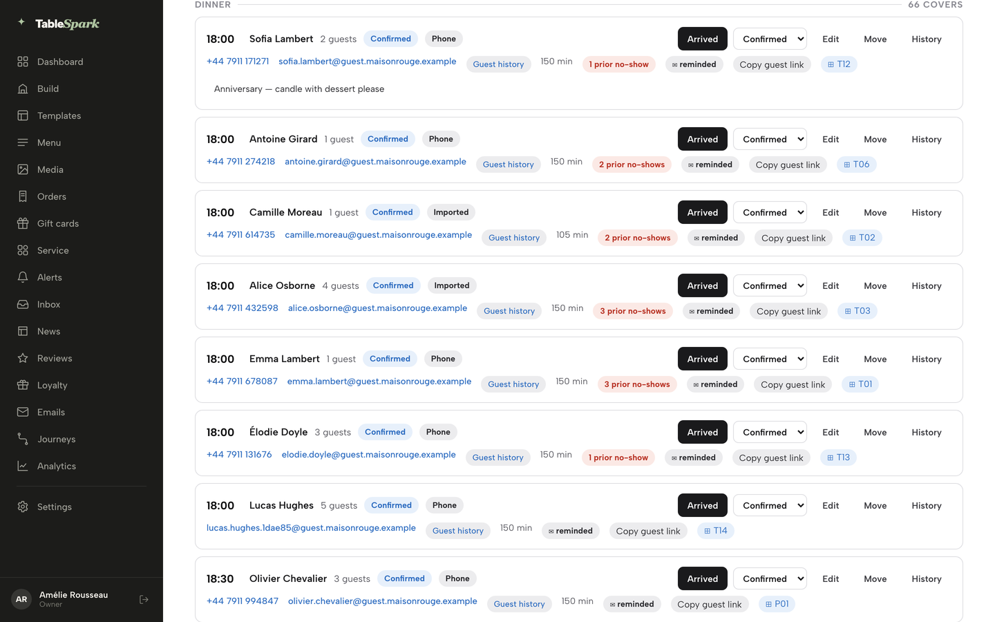 Practice screen: the Bookings day list with a booking for Alice Osborne and its Guest history link