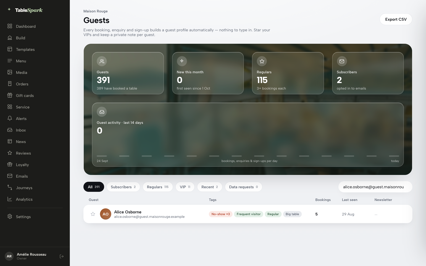 The Guests page filtered to one guest, a single row with No-show, Frequent visitor, Regular and Big table tags